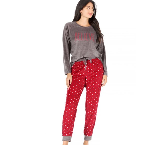 Rae Dunn BELIEVE Plush Velour Long Sleeve Top & Cozy Jogger Pajama Set XL NWT - Picture 1 of 7